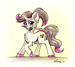 Size: 2523x2275 | Tagged: safe, artist:dandy, derpibooru import, oc, oc:hazel radiate, unofficial characters only, pony, unicorn, bow, chest fluff, colored hooves, colored pencil drawing, ear fluff, eyebrows, eyelashes, female, highlights, horn, image, looking at you, mare, png, ponytail, signature, solo, sword, tail bow, traditional art, unicorn oc, unshorn fetlocks, weapon
