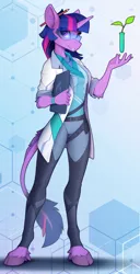 Size: 1220x2390 | Tagged: safe, artist:yakovlev-vad, derpibooru import, twilight sparkle, anthro, unguligrade anthro, belt, clothes, female, glasses, grin, image, lab coat, looking at you, pencil, png, science, scientist, smiling, solo, vial