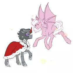 Size: 768x768 | Tagged: safe, derpibooru import, king sombra, oc, oc:coloured glaze rose, bat pony, pony, unicorn, bat wings, canon x oc, clothes, duo, duo male, flying, image, looking at each other, male, png, sombrose, stallion, wings