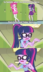 Size: 3414x5764 | Tagged: suggestive, derpibooru import, screencap, pinkie pie, sci-twi, twilight sparkle, equestria girls, equestria girls series, stressed in show, stressed in show: pinkie pie, spoiler:eqg series (season 2), book, bowtie, caption, clothes, female, geode of sugar bombs, geode of telekinesis, glasses, image, image macro, jewelry, jpeg, lockers, magical geodes, necklace, open mouth, ponytail, tanktop, text