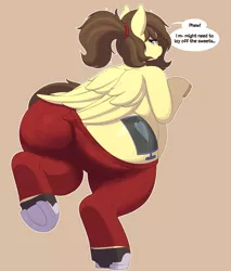 Size: 4250x5000 | Tagged: suggestive, artist:quarantinedchaoz, derpibooru import, oc, oc:retro hearts, pegasus, semi-anthro, belly, bipedal, butt, chubby, clothes, dialogue, fat, female, folded wings, freckles, huge butt, image, large butt, latex, looking back, pants, plot, png, ponytail, running, sweat, the ass was fat, underhoof, wings, yoga pants