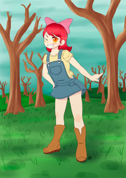 Size: 2480x3507 | Tagged: safe, artist:artyfour, derpibooru import, apple bloom, human, humanized, image, one eye closed, png, solo, tree, wink