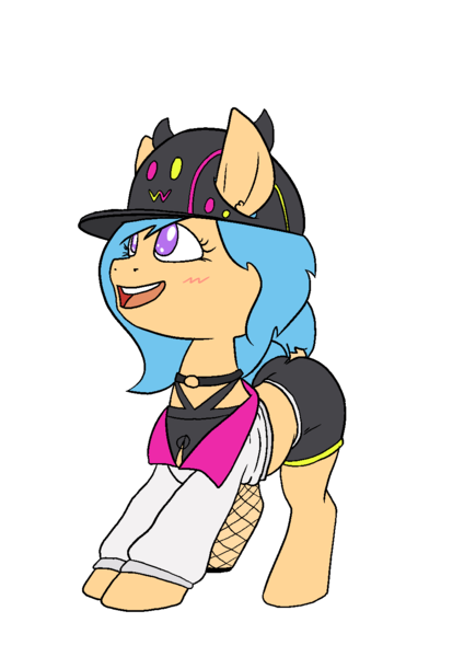 Size: 1000x1414 | Tagged: safe, artist:happy harvey, derpibooru import, oc, oc:little league, earth pony, pony, blushing, choker, clothes, collar, colored pupils, drawn on phone, drawthread, female, filly, fishnets, hat, image, jacket, png, shorts, simple background, transparent background