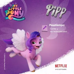 Size: 960x960 | Tagged: safe, derpibooru import, official, pipp petals, pegasus, pony, my little pony: a new generation, female, g5, image, jpeg, mare, microphone, my little pony: a new generation logo, netflix, netflix logo, solo, spanish, text