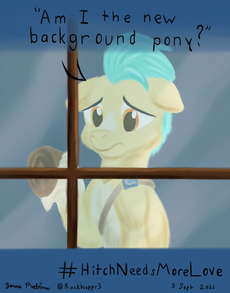 Size: 1100x1400 | Tagged: safe, artist:rockhoppr3, derpibooru import, hitch trailblazer, earth pony, pony, bronybait, floppy ears, g5, hashtag, image, png, sad, sad hitch, solo, unshorn fetlocks, window