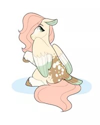 Size: 2000x2500 | Tagged: safe, artist:flowercatbutters, derpibooru import, fluttershy, pegasus, pony, alternate design, blaze (coat marking), coat markings, colored ears, colored hooves, colored wings, colored wingtips, covering, dappled, facial markings, female, floppy ears, hair over one eye, head turned, high res, image, looking at you, looking back, looking back at you, mare, missing cutie mark, multicolored wings, png, raised hoof, rear view, simple background, sitting, socks (coat marking), solo, spread wings, tail feathers, three quarter view, twitterina design, unshorn fetlocks, white background, wing covering, wings