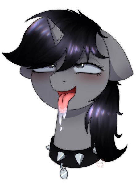 Size: 1306x1727 | Tagged: suggestive, artist:vaiola, derpibooru import, oc, oc:howl, pony, unicorn, advertisement, ahegao, behaving like a dog, blushing, bust, collar, commission, drool, female, floppy ears, horn, image, jpeg, long mane, looking up, open mouth, pet play, pet tag, portrait, simple background, solo, tongue out, watermark, white background, ych example, ych result, your character here