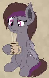 Size: 1614x2532 | Tagged: safe, artist:djdavid98, derpibooru import, oc, oc:jane, unofficial characters only, bat pony, pony, coffee, coffee mug, cyrillic, female, image, mug, png, russian, signature, sitting, solo, solo female