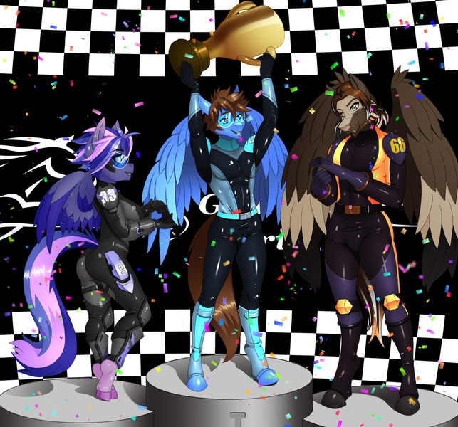 Size: 2255x2103 | Tagged: safe, artist:chacrawarrior, derpibooru import, oc, oc:buckshot, oc:rainy night, oc:smokescreen, unofficial characters only, anthro, pegasus, unguligrade anthro, anthro oc, confetti, goggles, image, pegasus oc, png, podium, racing suit, trophy, wings