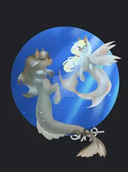 Size: 400x534 | Tagged: safe, artist:shadowfoxdrawings, derpibooru import, oc, unofficial characters only, earth pony, pegasus, pony, seapony (g4), bubble, crepuscular rays, dorsal fin, eyes closed, female, fish tail, flowing mane, flowing tail, image, jpeg, looking at each other, ocean, seaponified, simple background, smiling, sparkles, species swap, sunlight, tail, underwater, water, wings