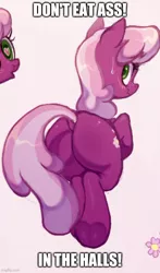 Size: 500x849 | Tagged: suggestive, artist:toroitimu, derpibooru import, edit, cheerilee, earth pony, pony, baldi's basics in education and learning, blushing, butt, caption, dagames, dock, female, green eyes, heart eyes, image, jpeg, looking at you, looking back, looking back at you, mare, pink background, plot, rear view, simple background, solo, solo female, song reference, sweat, sweatdrop, text, underhoof, wavy mouth, wingding eyes, you're mine