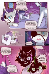 Size: 960x1440 | Tagged: safe, artist:cold-blooded-twilight, derpibooru import, rarity, spike, sweetie belle, twilight sparkle, dragon, pony, unicorn, cold blooded twilight, comic:cold storm, abuse, angry, carousel boutique, comic, crying, dialogue, eyepatch, female, filly, frown, hurting, image, magic, male, open mouth, png, puddle, runny nose, shivering, speech bubble, sweat, tears of anger, teary eyes