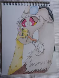Size: 780x1040 | Tagged: safe, artist:diamond06mlp, derpibooru import, butterfly, draconequus, insect, bust, chest fluff, fluffy, hand on face, image, irl, irl photo, jpeg, male, notepad, photo, signature, solo, tongue out, traditional art