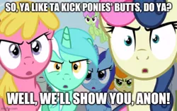 Size: 630x396 | Tagged: safe, derpibooru import, edit, edited screencap, screencap, bon bon, carrot top, golden harvest, lyra heartstrings, minuette, sweetie drops, earth pony, pegasus, pony, unicorn, season 2, the super speedy cider squeezy 6000, >:o, image, implied anon, jpeg, meme, o, o mouth, open mouth, spongebob squarepants, text, the bully, this will end in pain