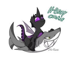 Size: 1016x838 | Tagged: safe, artist:srmario, derpibooru import, oc, unofficial characters only, changeling, shark, changeling oc, duo, image, male, png, purple changeling, riding, sharp teeth, signature, simple background, smiling, teeth, transparent background