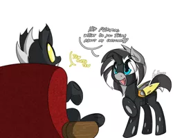 Size: 1233x988 | Tagged: safe, artist:srmario, derpibooru import, oc, oc:doctiry, oc:platan, alicorn, changeling, pony, alicorn oc, changeling oc, clothes, costume, couch, dialogue, female, horn, image, male, mare, png, raised hoof, seams, simple background, white background, wings, yellow changeling