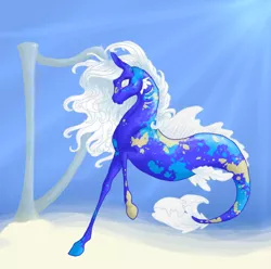 Size: 700x694 | Tagged: safe, artist:magpeyes, derpibooru import, oc, unofficial characters only, merpony, sea pony, seapony (g4), blind, crepuscular rays, dorsal fin, female, fins, fish tail, flowing mane, flowing tail, harp, image, musical instrument, ocean, png, smiling, solo, sunlight, swimming, tail, underwater, water, white mane