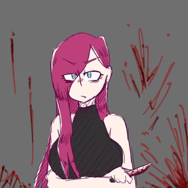 Size: 768x768 | Tagged: semi-grimdark, artist:metaruscarlet, derpibooru import, pinkie pie, human, alternate hairstyle, black background, blood, breasts, busty pinkie pie, crossed arms, female, humanized, image, implied death, implied murder, jpeg, knife, pinkamena diane pie, simple background, solo, unamused