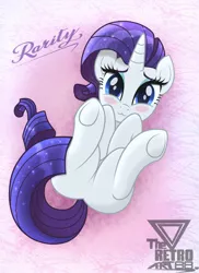 Size: 1200x1650 | Tagged: safe, artist:theretroart88, derpibooru import, rarity, pony, unicorn, :3, blue eyes, blushing, cute, eyelashes, featureless crotch, female, horn, image, legs in air, looking at you, lying down, mare, on back, png, raribetes, solo, underhoof