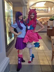 Size: 540x720 | Tagged: safe, artist:sarahndipity cosplay, artist:shelbeanie, derpibooru import, pinkie pie, twilight sparkle, human, equestria girls, rainbow rocks, clothes, cosplay, costume, hand on hip, image, irl, irl human, jpeg, one leg raised, photo