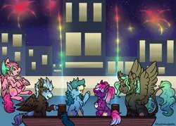 Size: 2100x1500 | Tagged: safe, artist:misskanabelle, derpibooru import, oc, unofficial characters only, alicorn, pegasus, alicorn oc, boat, building, chest fluff, fireworks, flying, horn, image, night, pegasus oc, png, raised hoof, stars, wings