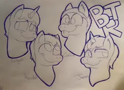 Size: 960x694 | Tagged: safe, artist:millefaller, derpibooru import, ponified, earth pony, pony, unicorn, :p, big time rush, horn, image, jpeg, lineart, male, smiling, stallion, tongue out, traditional art