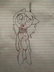 Size: 720x960 | Tagged: grimdark, artist:millefaller, derpibooru import, oc, unofficial characters only, earth pony, pony, blood, earth pony oc, female, hanging (by neck), image, jpeg, lineart, lined paper, mare, noose, smiling, solo, traditional art