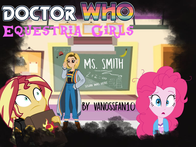 Size: 1280x960 | Tagged: safe, artist:edcom02, artist:jmkplover, artist:vanossfan10, derpibooru import, doctor whooves, pinkie pie, sunset shimmer, time turner, equestria girls, banana, book, chalkboard, classroom, clipboard, doctor who, fez, food, glasses, hat, image, jpeg, shadow, susan foreman, tardis, teacher, thirteenth doctor, title card