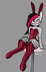 Size: 4167x6480 | Tagged: suggestive, artist:tenenbris, derpibooru import, oc, oc:miss eri, semi-anthro, bunny ears, bunny suit, clothes, eyeshadow, fishnets, image, latex, makeup, png, socks, stockings, thigh highs