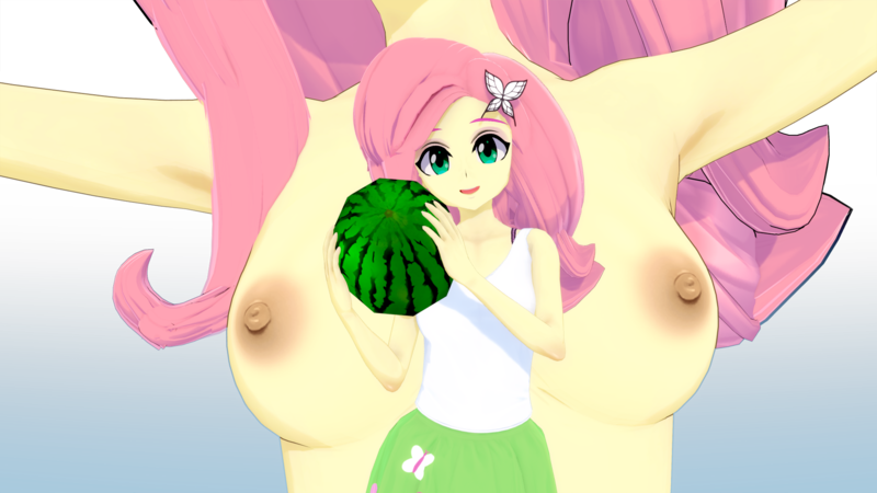 Size: 1920x1080 | Tagged: questionable, artist:hornydogo, derpibooru import, fluttershy, equestria girls, 3d, breasts, busty fluttershy, food, image, koikatsu, melon, nipples, nudity, png