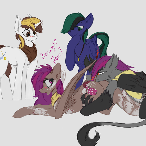 Size: 3000x3000 | Tagged: suggestive, artist:nsilverdraws, derpibooru import, oc, oc:asteroid trail, oc:ender, oc:felt whisper, oc:mythos vanguard, dragon, hybrid, pegasus, pony, bandana, blushing, butt, ender's herd, female, flank inspection, image, jewelry, kyrion, male, mare, mlem, necklace, png, silly, stallion, tongue out, watching