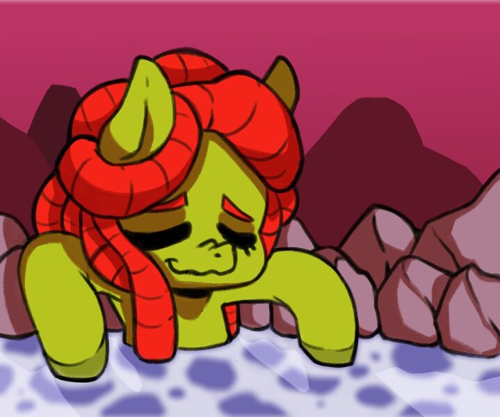 Size: 1200x1002 | Tagged: safe, artist:raph13th, derpibooru import, tree hugger, earth pony, pony, chibi, dreadlocks, eyes closed, female, image, jpeg, mare, rock, soaking, swimming pool, wet