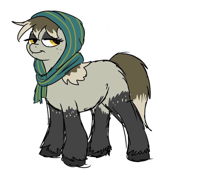 Size: 1563x1200 | Tagged: safe, artist:pony quarantine, derpibooru import, oc, unofficial characters only, earth pony, pony, taiga pony, clothes, fluffy, headscarf, image, jpeg, lidded eyes, scarf, simple background, solo, white background