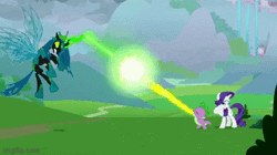 Size: 360x202 | Tagged: safe, derpibooru import, screencap, queen chrysalis, rarity, spike, changeling, dragon, unicorn, the ending of the end, animated, beam struggle, female, gif, image, magic, male, ultimate chrysalis, winged spike