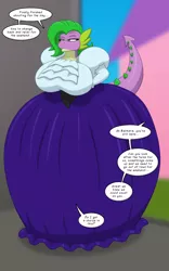 Size: 1250x2000 | Tagged: suggestive, artist:runningtoaster, derpibooru import, spike, oc, oc:barbara greenscale, dragon, animated actors, barb, barbara greenscale, behind the scenes, big breasts, breasts, busty barb, clothes, dialogue, dragoness, dress, female, gown, hand on hip, huge breasts, image, implied transformation, implied transgender transformation, nanny, offscreen character, older barb, png, poofy shoulders, requested art, rule 63, solo, solo female, speech bubble, unamused, victorian
