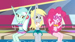Size: 1920x1080 | Tagged: safe, derpibooru import, edit, edited screencap, screencap, derpy hooves, lyra heartstrings, pinkie pie, equestria girls, equestria girls series, i'm on a yacht, spoiler:eqg series (season 2), arms in the air, belly button, bikini, bikini edit, bikini top, clothes, cute, female, females only, food, heart shaped glasses, image, midriff, muffin, png, sky, sleeveless, smiling, swimming pool, swimsuit, trio, trio female, vip
