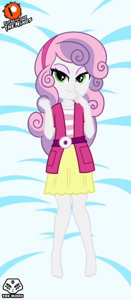 Size: 2385x5470 | Tagged: safe, artist:theminus, derpibooru import, sweetie belle, equestria girls, barefoot, bed, body pillow, clothes, dakimakura cover, feet, female, image, jpeg, skirt, solo