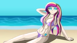 Size: 3840x2160 | Tagged: suggestive, artist:anthrodegenerate, derpibooru import, princess cadance, queen chrysalis, human, arm behind head, beach, bedroom eyes, belly button, big breasts, bikini, breasts, cleavage, clothes, cutie mark on human, disguise, disguised changeling, fake cadance, female, glowing eyes, high res, humanized, image, looking at you, lying down, png, solo, solo female, swimsuit