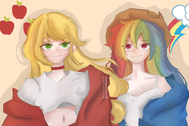 Size: 650x433 | Tagged: safe, artist:海海带, derpibooru import, applejack, rainbow dash, human, appledash, female, humanized, image, lesbian, png, shipping