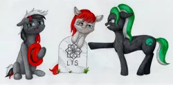 Size: 4096x2032 | Tagged: safe, artist:myzanil, derpibooru import, oc, oc:oracle linux, oc:red hat, oc:rocky linux, unofficial characters only, earth pony, pony, angry, argument, chest fluff, colored pencil drawing, distro ponies, earth pony oc, family, floppy ears, glasses, grass, gravestone, hat, image, jpeg, linux, os pony, pointing, sitting, smiling, smirk, traditional art