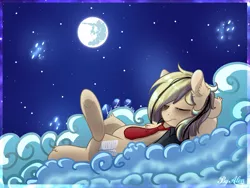 Size: 2000x1500 | Tagged: safe, artist:gnidagovnida, derpibooru import, oc, oc:alen d, unofficial characters only, pegasus, pony, clothes, cloud, eyes closed, image, lying down, lying on a cloud, mare in the moon, moon, necktie, night, on a cloud, on back, png, shirt, solo, vulgar description