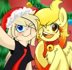 Size: 2000x1932 | Tagged: safe, artist:gnidagovnida, derpibooru import, oc, oc:alen d, oc:levin fiery, unofficial characters only, pegasus, pony, bell, bell collar, cheek squish, cheek to cheek, chest fluff, christmas, christmas tree, clothes, collar, freckles, hat, holiday, image, necktie, one eye closed, png, santa hat, selfie, shirt, smiling, squishy cheeks, tree