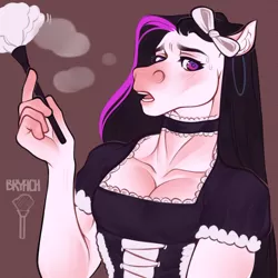 Size: 2000x2000 | Tagged: suggestive, artist:bryach, derpibooru import, oc, oc:gray rain, unofficial characters only, anthro, earth pony, anthro oc, clothes, collar, cosplay, costume, crossdressing, ear piercing, earring, earth pony oc, hooped earrings, horny, image, jewelry, long hair, looking at you, maid, male, multicolored hair, muscles, muscular male, pecs, piercing, png, signature, simple background, solo, solo male