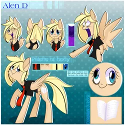 Size: 2500x2500 | Tagged: safe, artist:gnidagovnida, derpibooru import, oc, oc:alen d, unofficial characters only, pegasus, pony, ;d, bags under eyes, clothes, derp, female, image, mare, necktie, one eye closed, open mouth, open smile, png, raised hoof, reference sheet, shirt, shocked, shocked expression, smiling, solo