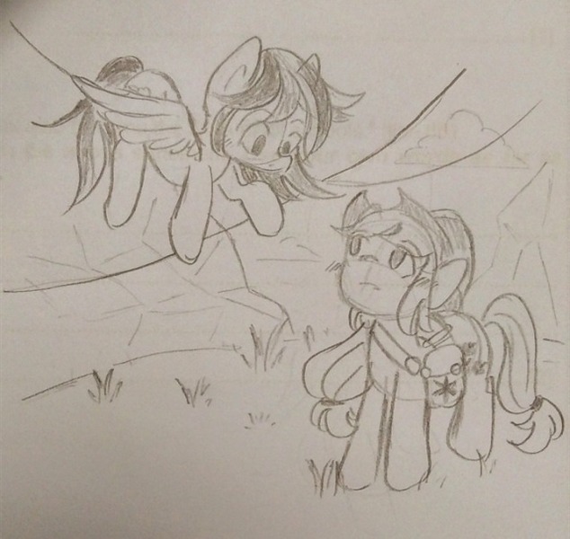 Size: 640x606 | Tagged: safe, artist:appledashdailydoodles, artist:snowzaaah, derpibooru import, applejack, rainbow dash, earth pony, pegasus, pony, g5, spoiler:g5, appledash, appledashdailydoodles, doodle, female, image, jpeg, lesbian, monochrome, pencil drawing, shipping, sketch, traditional art