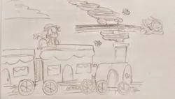 Size: 640x363 | Tagged: safe, artist:snowzaaah, derpibooru import, applejack, rainbow dash, earth pony, pegasus, pony, appledash, appledashdailydoodles, doodle, female, image, jpeg, lesbian, monochrome, pencil drawing, shipping, sketch, traditional art, train