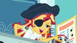 Size: 1280x720 | Tagged: safe, derpibooru import, edit, edited screencap, editor:machiavellian mythos, screencap, sunset shimmer, equestria girls, equestria girls series, x marks the spot, daruma, ear piercing, earring, eyepatch, female, food truck, hat, image, jewelry, lidded eyes, open mouth, piercing, pirate, pirate hat, png, pointing, smiling, sunset sushi