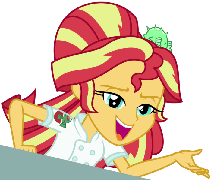 Size: 840x720 | Tagged: safe, artist:sketchmcreations, derpibooru import, sunset shimmer, equestria girls, equestria girls series, x marks the spot, alternate hairstyle, female, image, open mouth, png, simple background, smiling, sunset sushi, transparent background, vector