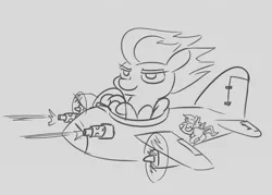 Size: 627x449 | Tagged: safe, artist:jargon scott, derpibooru import, spitfire, pegasus, pony, female, flying, grayscale, gun, image, mare, monochrome, name pun, namesake, plane, png, pun, solo, visual pun, weapon, wind, windswept mane