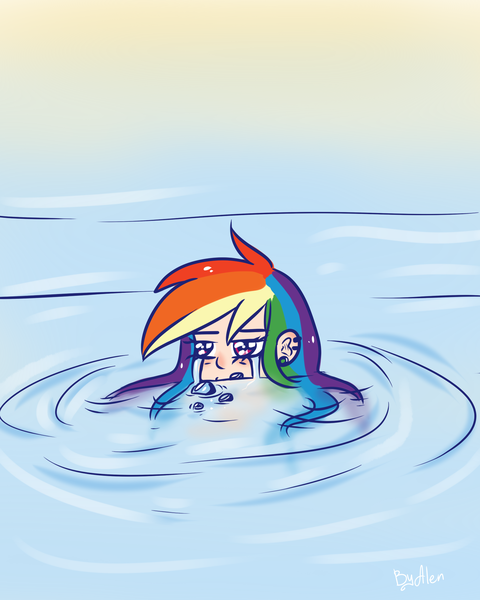 Size: 1600x2000 | Tagged: safe, artist:gnidagovnida, derpibooru import, rainbow dash, human, crying, ear piercing, earring, humanized, image, jewelry, piercing, png, sad, solo, water, wet